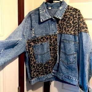 Leopard/Blue color block Jean Jacket (only worn once)